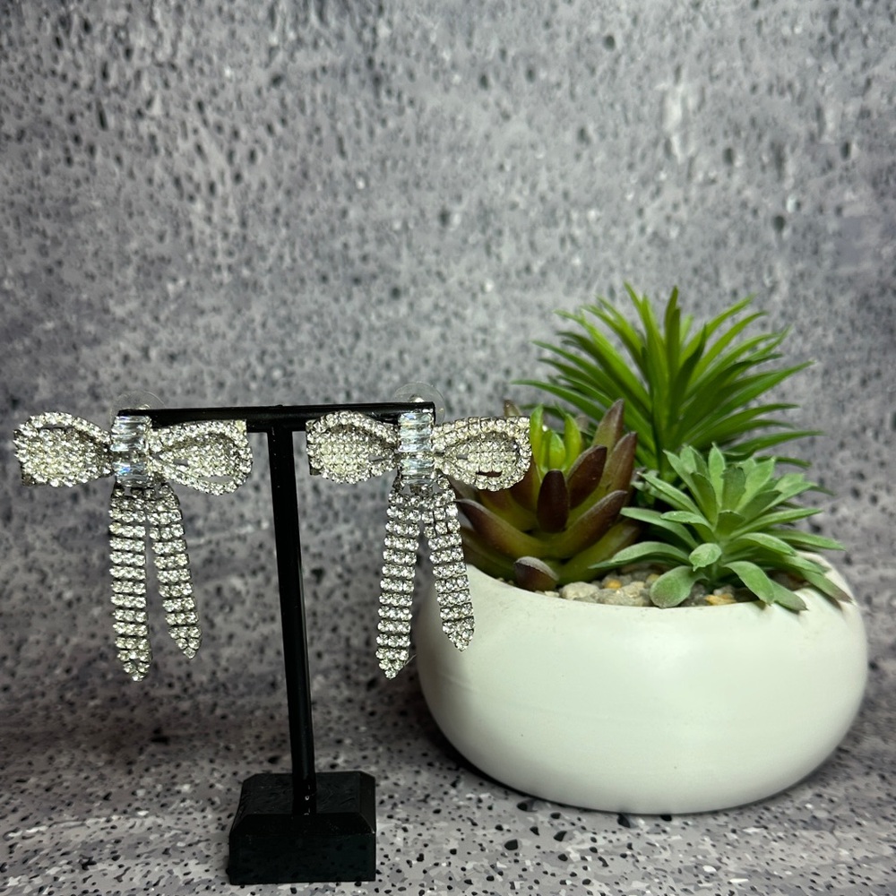 Elegant Silver Crystal Bow Earrings